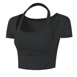 Bra top, yoga top, cute, layered, sexy, athletic wear, buckle, adjustable, short length, slimming, sports, innerwear, black, white, stretchy, elastic, short sleeves, belly button exposed, cupped, layered, short length, plain, Pilates, hot yoga, SL