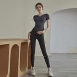 Short sleeve leggings, 2-piece set, V-neck, 6 colors to choose from, high waist, contrasting, sports, breathable, sweat absorbent, quick drying, belly cover, elastic waist, hip lift, slimming, daily fashion, high-end look, great value, S~XL 