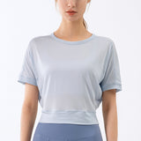 Tシャツ 半袖 ヨガトップス  ラウンドネック 無地 背中開き  今季トレンド  かわいい おしゃれ S~XL