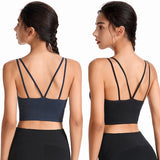 Bra top, yoga top, double straps, wide hem, cross, U-neck, slim, open back, with cups, no wires, super push-up/push-up, simple, plain, 4 colors, breathable, sweat-wicking, quick-drying, lightweight, padded, running, sports, fitness, large sizes, S-XXL 