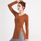 Yoga wear, tops, wrap, yoga t-shirt, long, hooded, drawstring, long sleeves, side slits, won't turn up, sports, running, fitness, quick-drying, soft, slimming, large size, body coverage, shirring, 4 colors available, S-XXL 