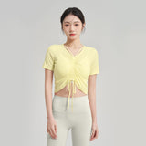 Yoga top, short sleeve, daily use, V-neck, short sleeve, ribbed, 5 colors to choose from, breathable, quick-drying, sports, fitness, lightweight, thin, ribbon, running, drawstring, gathered chest, S-XL