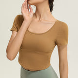 Yoga T-shirt, Yoga Top, Short Sleeve, Covers Upper Arms, With Cups, Pad, Round Neck, Open Back, Back Cross, Cropped Length, Cute, Shows Belly Button, Running, Sports, Training, Fitness, 4 Colors, S~XL 