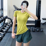Yoga top, short sleeves, round neck, 4 colors to choose from, breathable, quick drying, sweat absorbent, belly cover, fitness, sports, slim, elegant, retro, daily, easy to match, feminine, stylish, S~L 