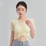 Yoga top, short sleeve, daily use, V-neck, short sleeve, ribbed, 5 colors to choose from, breathable, quick-drying, sports, fitness, lightweight, thin, ribbon, running, drawstring, gathered chest, S-XL