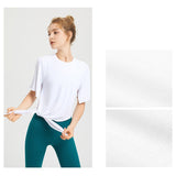 Yoga top, short sleeves, round neck, 3 colors to choose from, breathable, quick drying, sweat absorbent, belly cover, sports, asymmetrical, retro, simple, elegant, loose, roomy, cheap, S~XL 