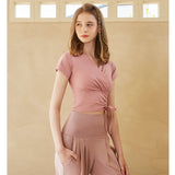 ヨガトップス 半袖 綺麗め ナイロン Vネック 半袖 無地 速乾 スポーツ お腹カバー フィットネス 軽さ 吸汗 リボン付け 引き紐 ランニング 胸元ギャザー 3色選択可 S-L