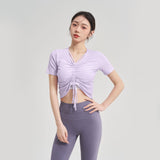 Yoga top, short sleeve, daily use, V-neck, short sleeve, ribbed, 5 colors to choose from, breathable, quick-drying, sports, fitness, lightweight, thin, ribbon, running, drawstring, gathered chest, S-XL