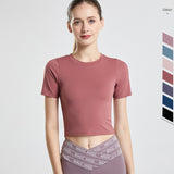 ヨガtシャツ ヨガトップス 半袖 ラウンドネック 無地 全7色 二の腕カバー 背中開き バッククロス へそ出し 速乾 通気性 耐久性 快適 着痩せ 綺麗め 大人可愛い お洒落 大きいサイズ スポーツ フィットネス ランニング S~XXL