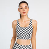 Yoga bra top, U-neck, check pattern, with cups, open back, push-up, wide shoulder straps, bra, wide hem, no shaking, no wires, sports, fitness, running, stylish, comfortable, soft, beautiful, breathable, natural, 3 colors available, S-XL 