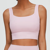 Bra top with cups, U-back, push-up, no wires, yoga wear, top, wide shoulder straps, stays in place, stretchy, stylish, sweat-wicking, quick-drying, cute, soft, square neck, plain, ribbed, 4 colors available, sports, fitness, gym, Pilates, running, S-XL 