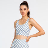 Yoga bra top, U-neck, check pattern, with cups, open back, push-up, wide shoulder straps, bra, wide hem, no shaking, no wires, sports, fitness, running, stylish, comfortable, soft, beautiful, breathable, natural, 3 colors available, S-XL 
