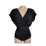 One-piece swimsuit, beautiful, feminine, feminine, V-neck, short sleeves, solid color, high waist, breathable, belly cover, lightweight, padded, super-boosting, wire, gathered chest, pool, beachwear, resort, sea, hot spring, black, white, M-XL