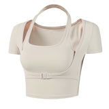 Bra top, yoga top, cute, layered, sexy, athletic wear, buckle, adjustable, short length, slimming, sports, innerwear, black, white, stretchy, elastic, short sleeves, belly button exposed, cupped, layered, short length, plain, Pilates, hot yoga, SL