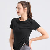 Yoga T-shirt, Yoga Top, Shirred, Round Neck, 4 Colors, Wrap-around, Long, Short Sleeve, Sweat Absorbent, Quick Drying, Loose Fit, Slimming, Breathable, Casual, Gathered, Curved Hem, Sports, Fitness, Running, S-XL
