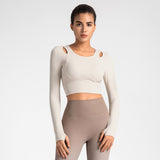 Yoga T-shirt, long sleeves, cupped, finger holes, fuller, open shoulders, no shaking, belly button exposed, cropped length, slimming, round neck, solid color, 4 colors available, sports, fitness, running, pilates, comfortable, yoga top, S-XL 