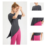 Yoga top, short sleeves, round neck, 3 colors to choose from, breathable, quick drying, sweat absorbent, belly cover, sports, asymmetrical, retro, simple, elegant, loose, roomy, cheap, S~XL 