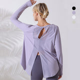 Yoga top, long sleeves, round neck, 5 colors to choose from, switching, breathable, quick drying, sweat absorbent, belly cover, tulle, open back, sweet, stylish, casual, cute for adults, loose fit, S~L